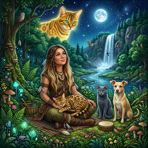 Golden Bengal Cat and Shamanic Woman in Nature Setting