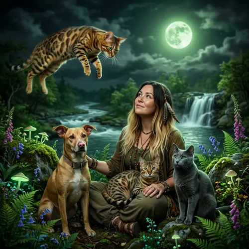 Golden Bengali Cat and Shaman Connection in Nature Scene