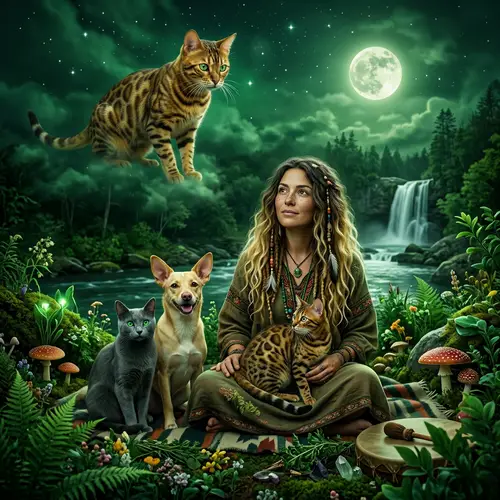 Enchanting Scene with Bengal Cats, Siberian Blue Cat, and Dog in Green Surroundings