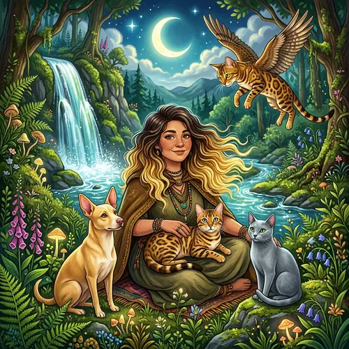 Enchanting Scene of Shaman Woman with Bengal Cat, Blue Russian Cat, and Blond Dog