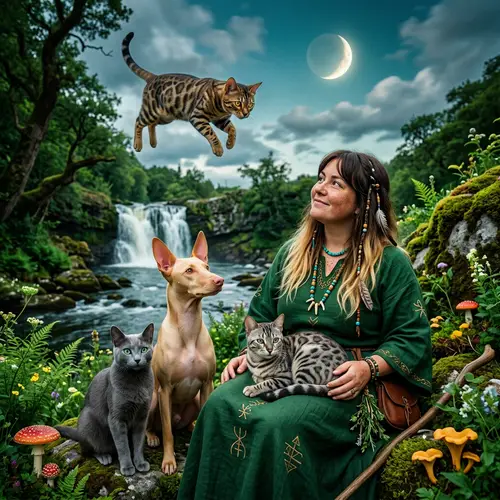 Bengali Cat and Shaman Woman in a Green Oasis