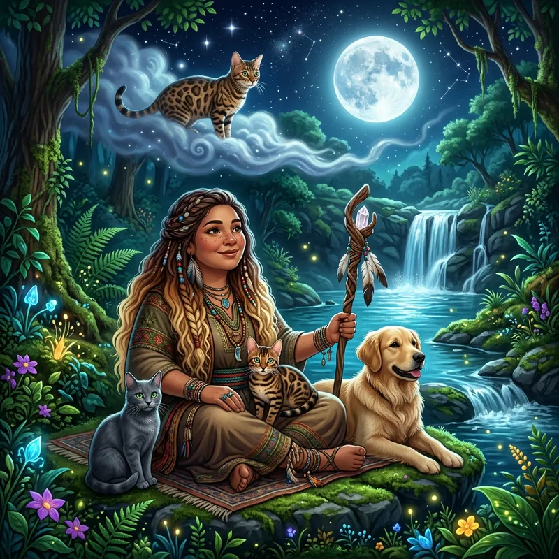 Mystical Connection: Bengal Cat and Shaman Woman Under Full Moon