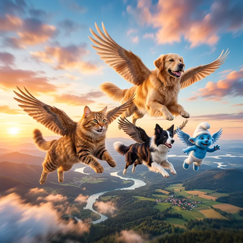 Flying Cat and 3 Dogs with a Smurf