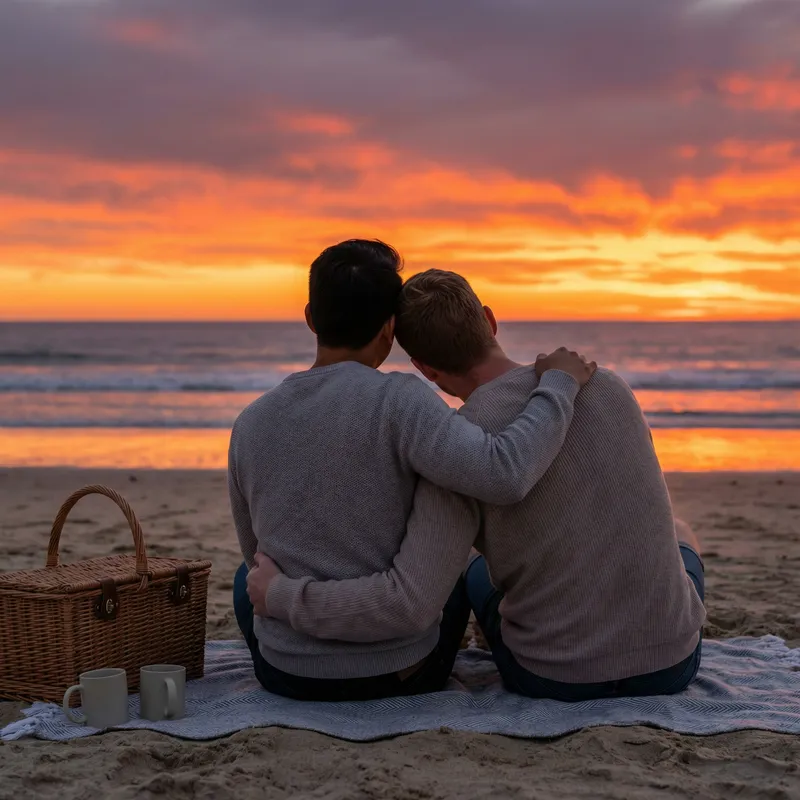 Beautiful Sunset Beach Lovers: Age-Diverse Gay Couple Scene