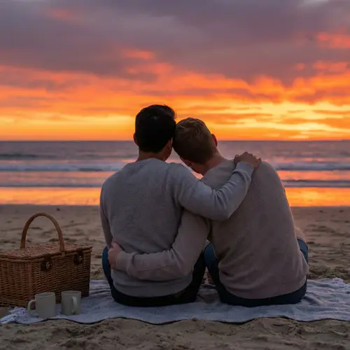 Romantic Beach Sunset Scene with Diverse Gay Couple