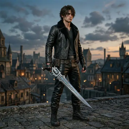 Unique Sword-Firearm-Wielding Character in Black Leather Jacket