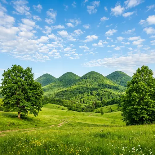 Lush Green Landscape with Mountains and Blue Sky