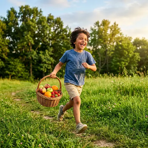 Young Hispanic Boy Running with Basket of Fruits on Green Field