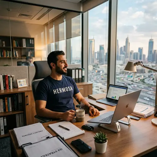 Middle-Eastern Man Wearing HERMOSA T-Shirt in Modern Office