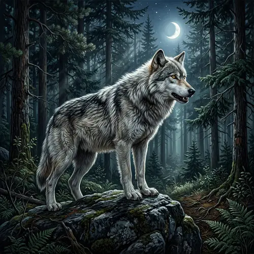 Majestic Adult Wolf in Pine Forest - Detailed Illustration