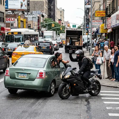 Chaotic Street Scene: Green Car vs. Black Motorcycle Drama