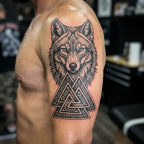 Valknut Viking Symbol with Coyote Head Tattoo Design