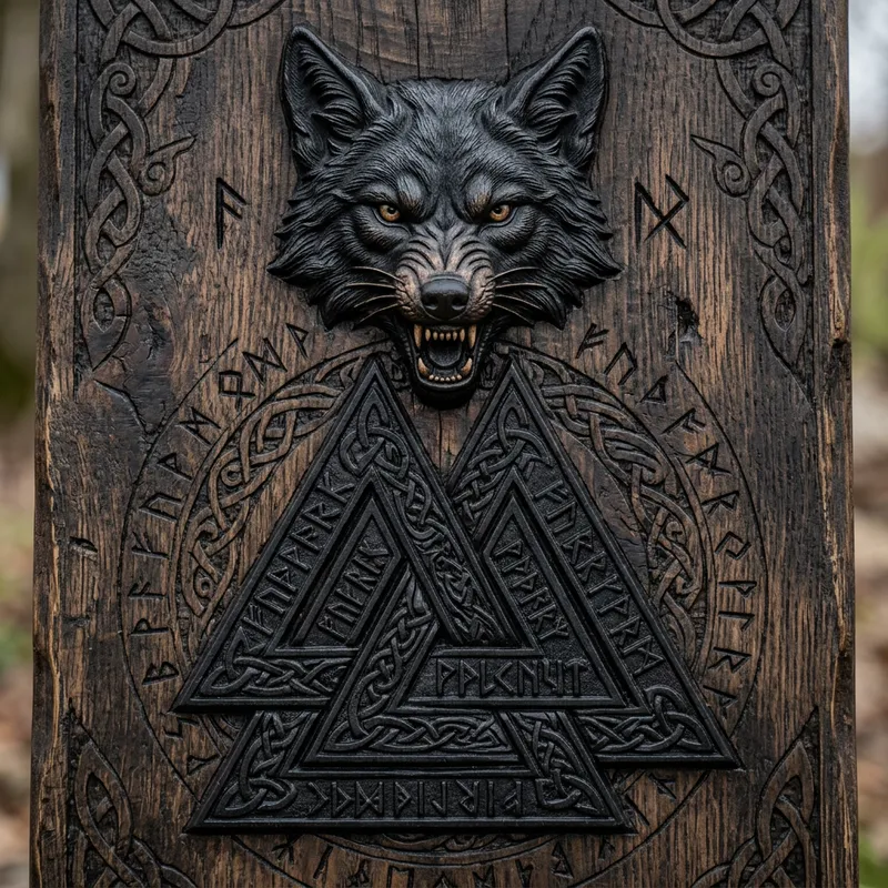 Detailed Black Viking Valknut Symbol with Coyote Head Design