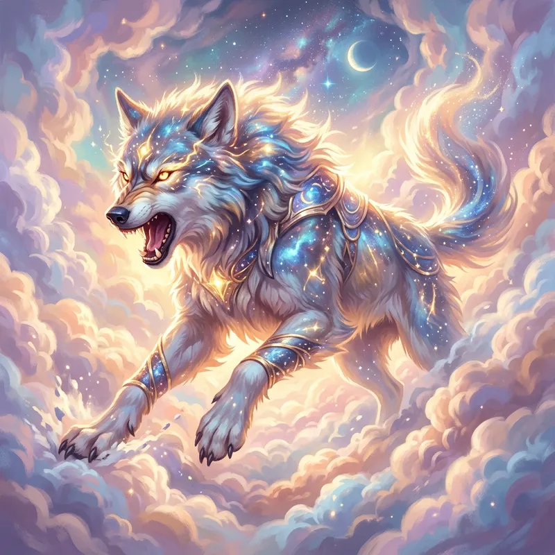 Fenrir, Majestic Celestial Creature in Ethereal Clouds Fenrir, Majestic Celestial Creature in Ethereal Clouds