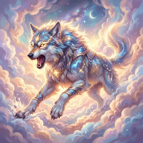 Celestial Creature Inspired by Fenrir in Pastel Clouds