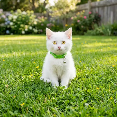 Adorable White Kitten with Yellow Eyes on Grass | Green Collar