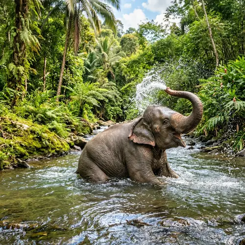 Joyful Asian Elephant Bathing in Lush Tropical River
