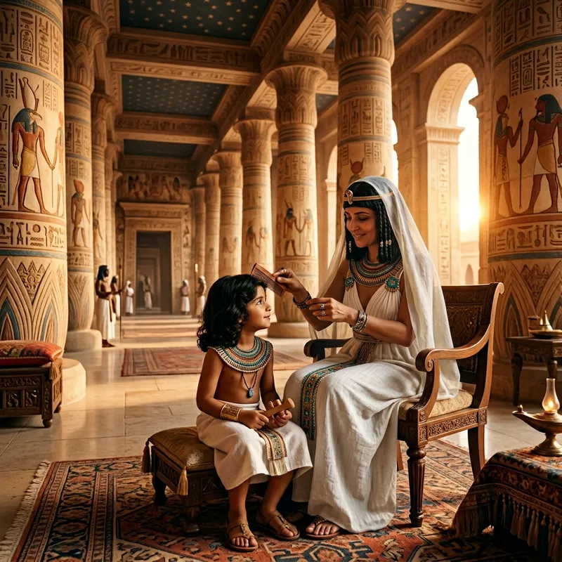 Veiled Woman Combing Pharaoh's Son Hair in Palace