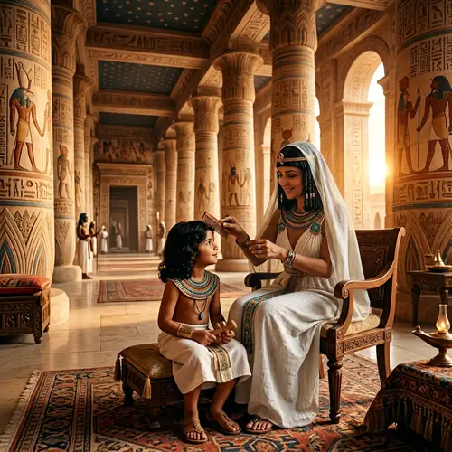 Veiled Woman Combing Pharaoh's Son Hair in Palace