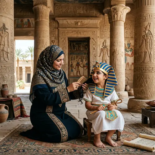 Veiled Mother and Little Pharaoh in Ancient Egypt