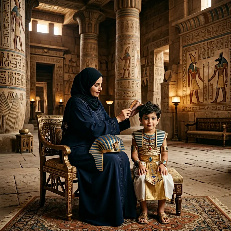 Veiled Woman Combines Son's Hair in Pharaonic Palace