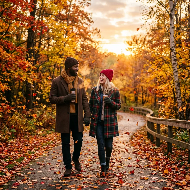 Autumn Stroll: Multiracial Couple in Maple Forest