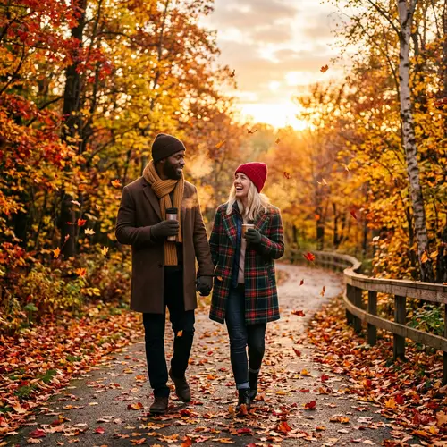Autumn Stroll: Black Man and Caucasian Woman Walking Among Falling Maple Leaves