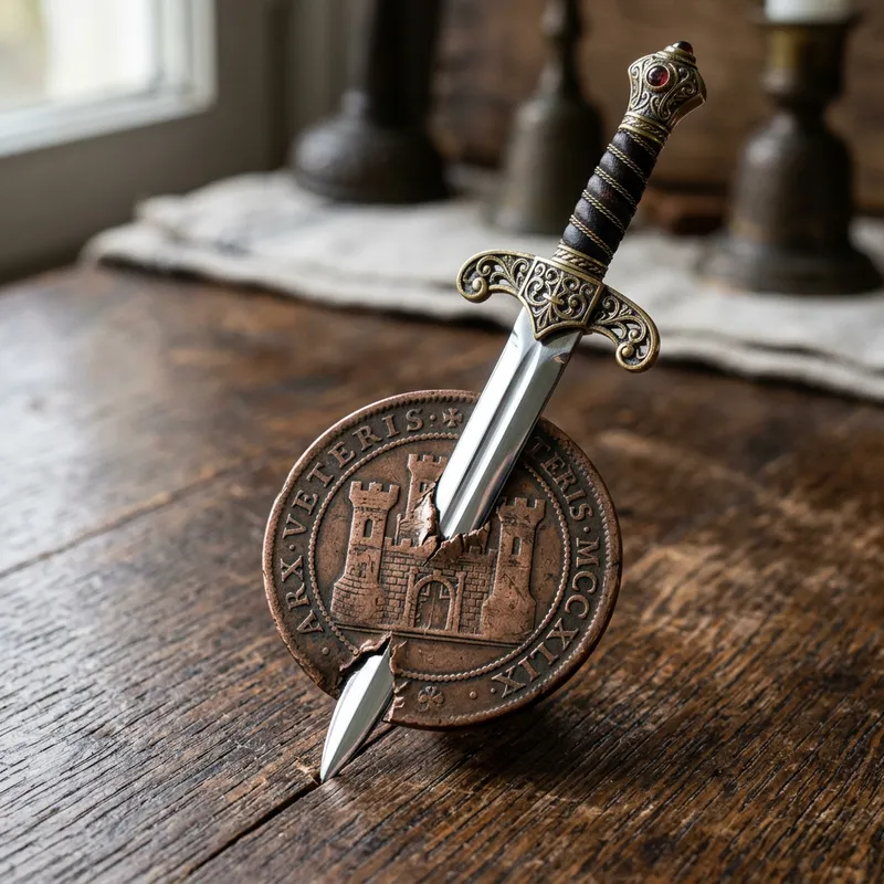 Ancient Engraved Copper Coin Pierced by Gleaming Sword