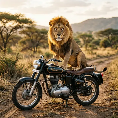 Majestic Lion on Vintage Royal Enfield Bullet