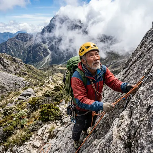 An Older Asian Man Climbing a Mountain