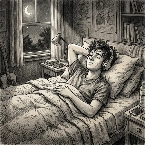 Pencil Sketch of a Young Man Listening to Music