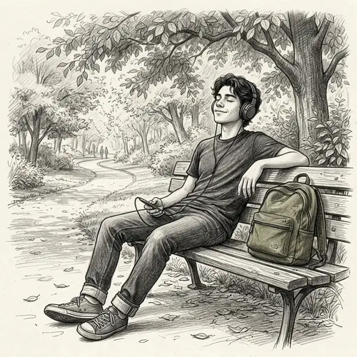 Pencil Sketch of a Hispanic Teen Listening to Music