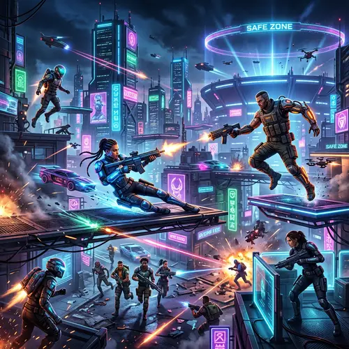 Futuristic Battle Royale Game: Cybernetic Landscape with Diverse Characters