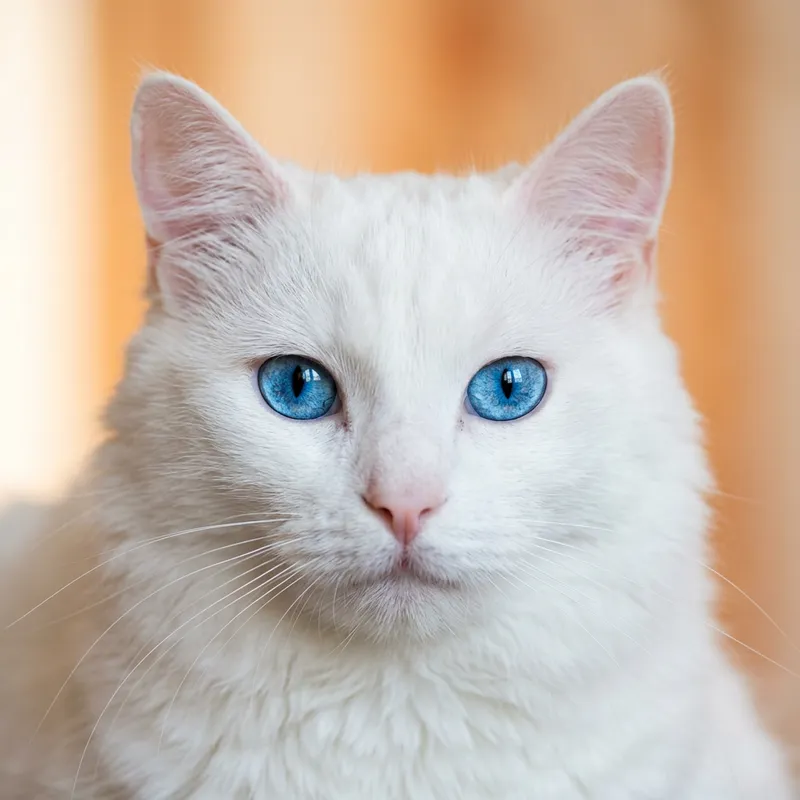 White Cat Face with Striking Blue Eyes on Light Orange Background