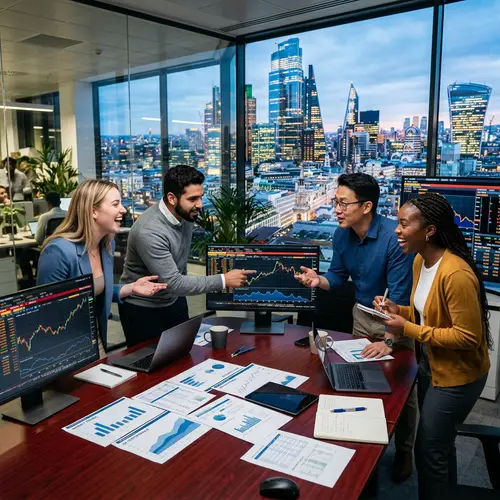 Diverse Group of Friends Analyzing Stock Market Trends in Modern Office