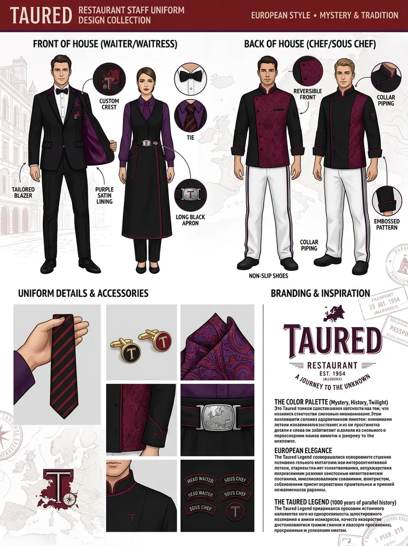 European Style Restaurant Uniform Design in Red, Black & Purple