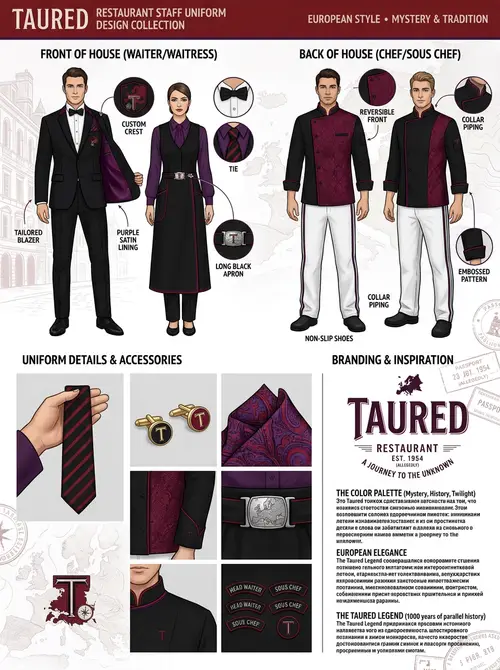 European Style Restaurant Uniform Design in Red, Black & Purple