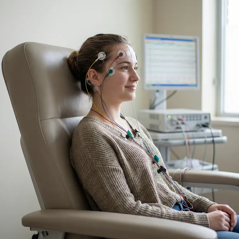Girl in Medical Chair with ECG Wires - Neurology Examination