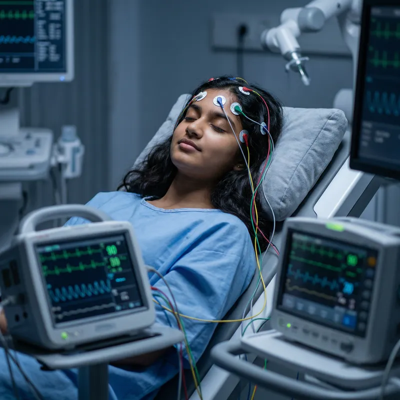 Soothing South Asian Woman Rests on Medical Chair with ECG Wires