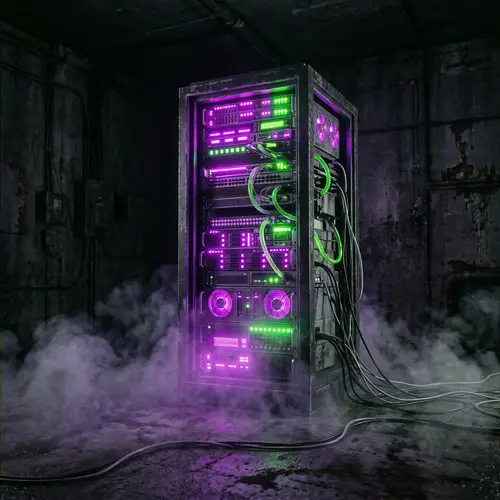 Neon Server Rack: Pulsating Energy in Darkness