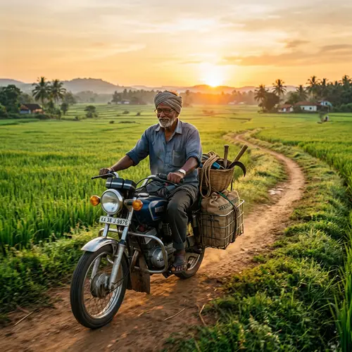 Elderly South Asian Man Riding Motorcycle to Farm Fields