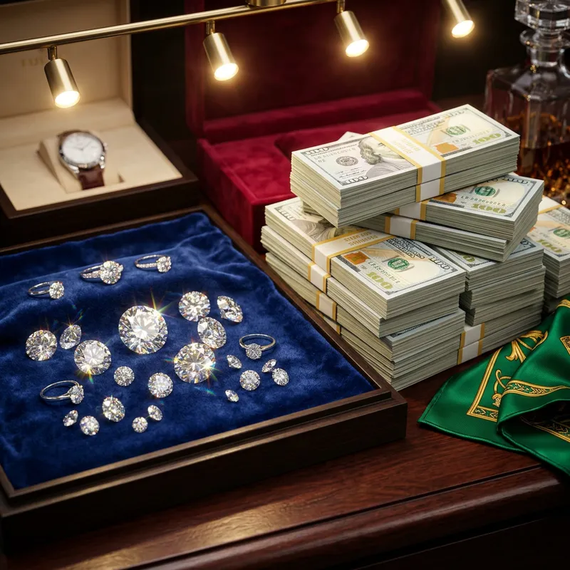 Opulent Wealth: Vibrant Diamonds and Money Stacks | Glamorous Lifestyle