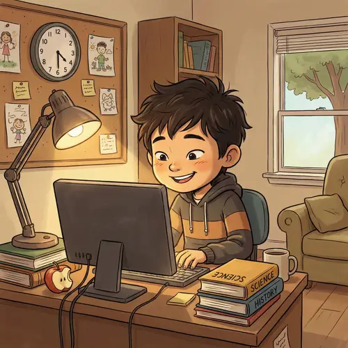 Young East Asian Boy Learning Online at Home