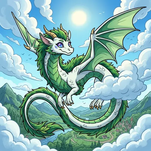 Whimsical White Scales Cute Dragon Soaring through Sky