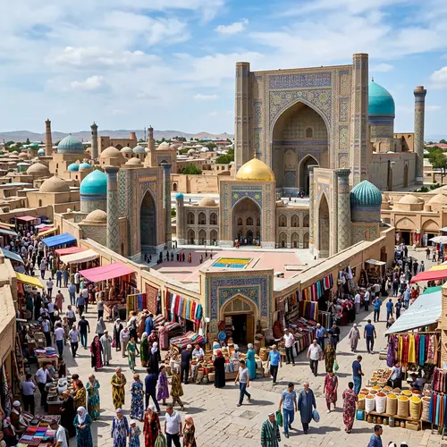Explore Samarkand: Majestic Registan Square & Busy Bazaars
