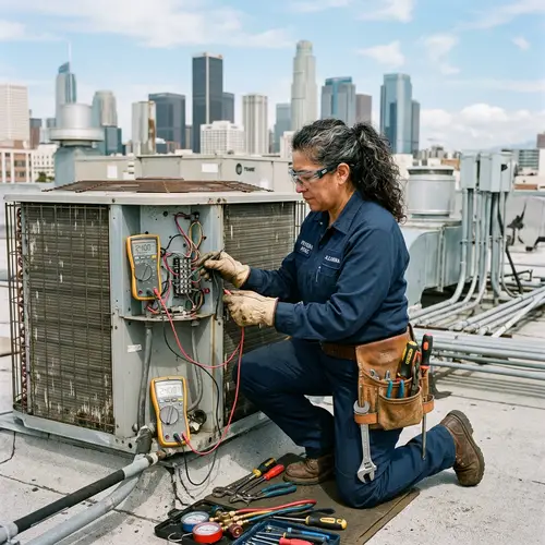 Hispanic Female Film Character Performing Air Conditioner Maintenance