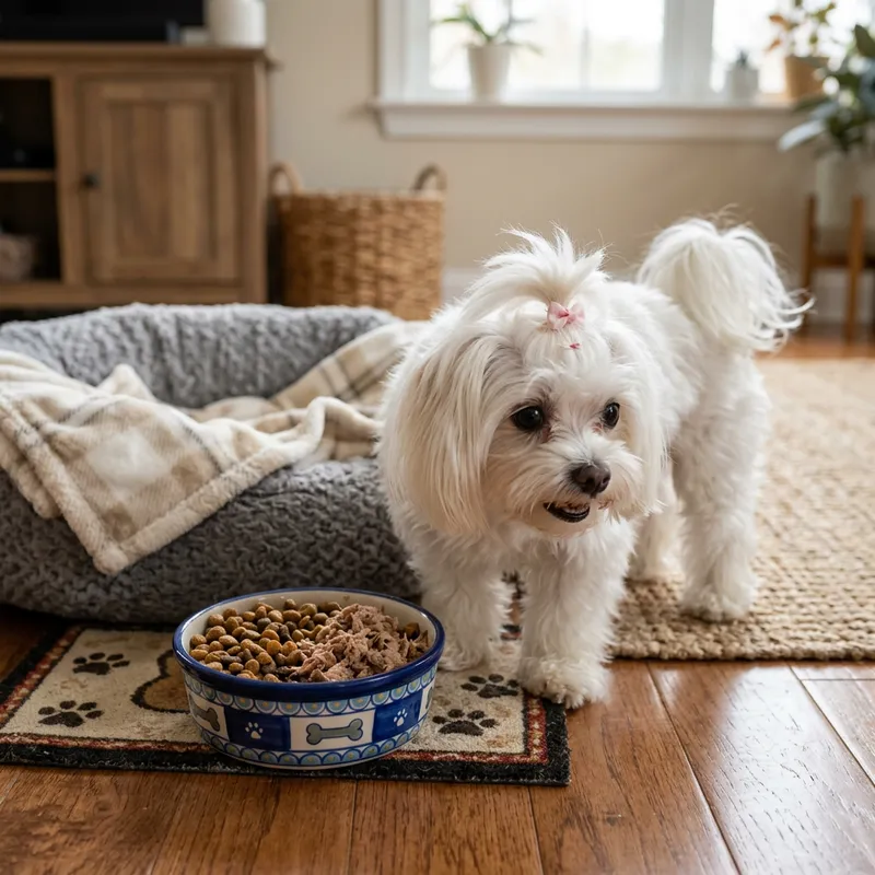 White Maltese Shih Tzu Eating - Best Nutrition for a Happy Pet