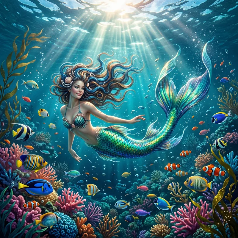 Surreal Mermaid in Underwater Scene Surreal Mermaid in Underwater Scene