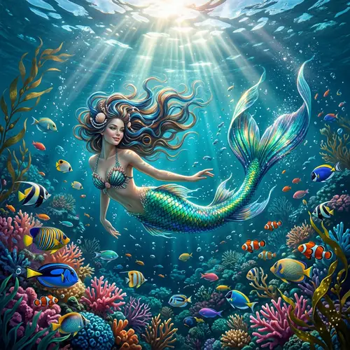 Surreal Underwater Scene with Mermaid and Exotic Fish