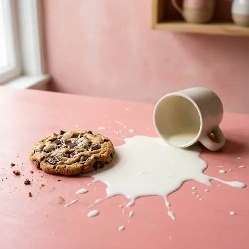 Delicious Cookie with Spilled Milk on Pink Background